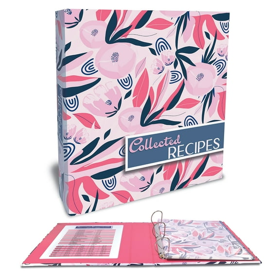 Recipe Binder, Full Page 3 Ring Standard Binder Organizer Set (with 50 Page Protectors & 12 Category Divider Tabs) by Better Kitchen Products, 11.5" x 12" Floral Design