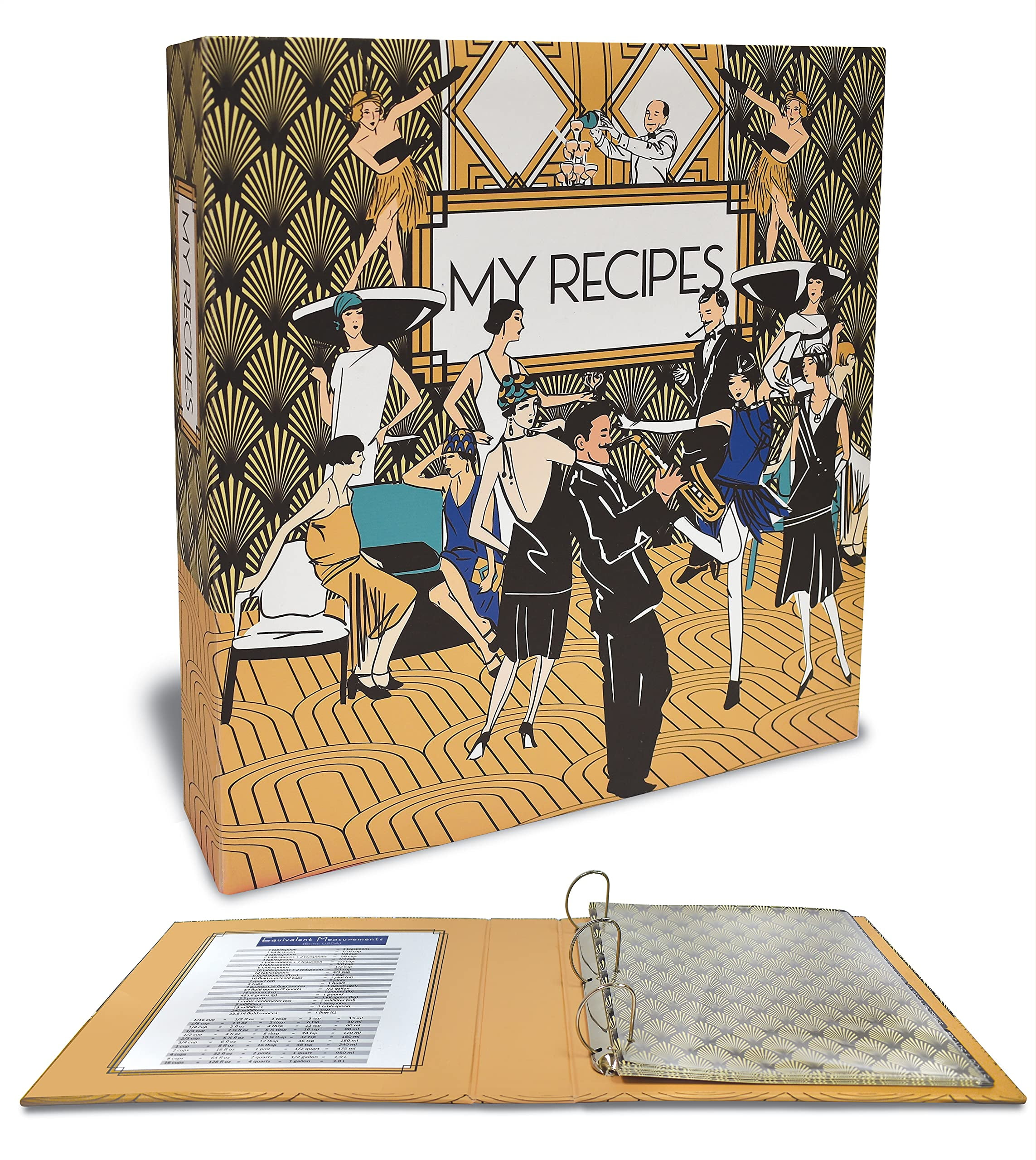 Recipe Binder, Full Page 3 Ring Standard Binder Organizer Set (with 50 Page Protectors & 12 Category Divider Tabs) by Better Kitchen Products, 11.5" x 12", Art Deco Roaring 20's Design