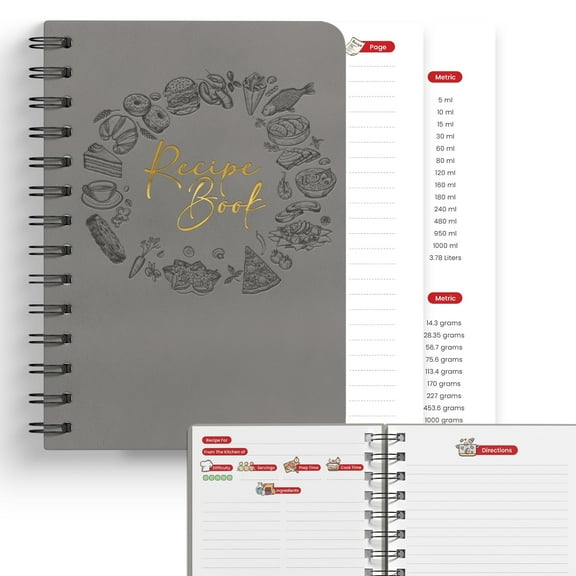 Recipe Book - Blank Cookbook Journal and Cooking Notebook to Write Your Own Recipes, A5 Size, 160 Pages (Gray)