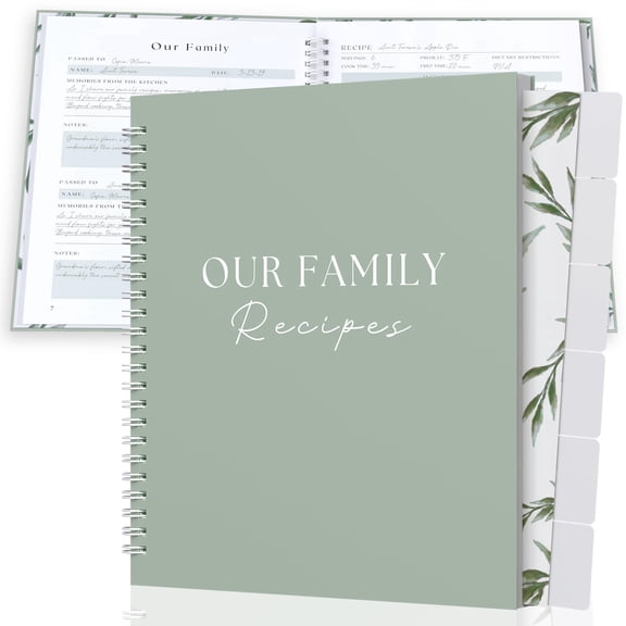 Recipe Book To Write In Your Own Recipes with 6 Custom Dividers - Blank Spiral DIY Personalized Family Cookbook Journal, Fits 118 Empty Recipe Templates to Fill In - Cooking Notebook Keepsake - Sage