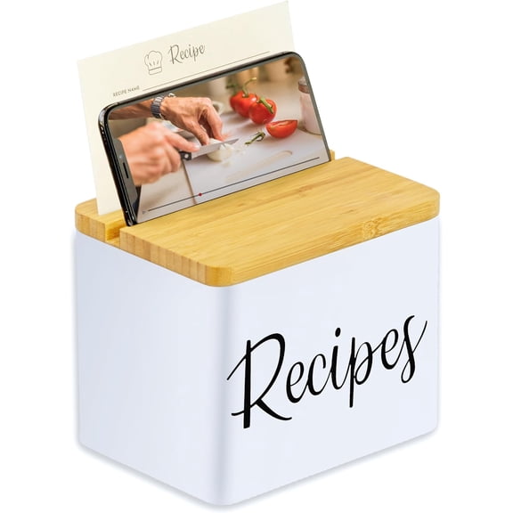 Recipe Box With Cards and Dividers, White Metal Body, Wooden Lid with Phone Holder and Recipe Card Holder, Includes Set Of 150 4x6 Recipe Cards and 15 Recipe Card Dividers