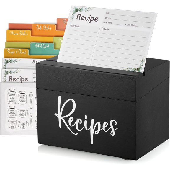 Recipe Box, Wooden Recipe Organizer,Whitewashed Recipe Holder Box with 50 Recipe Cards 4"x6" & 6 Dividers, Recipe Book to Write in Your Own Recipes