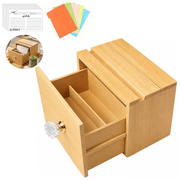 Recipe Card Box with Cards, Dividers, Wood Organizer, Pull Out Drawer, Crystal Knob, Top Phone Holder Slot, 7.5 x 5.25 x 5.75 in Kitchen Counter Storage