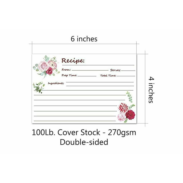 Recipe Cards, Elegant Floral - Great For Wedding, Bridal Shower, and Special Occasion, Or for Your own Kitchen - 4” X 6” Inches, 80 lb. Cover Stock | 50 Sheets Per Pack