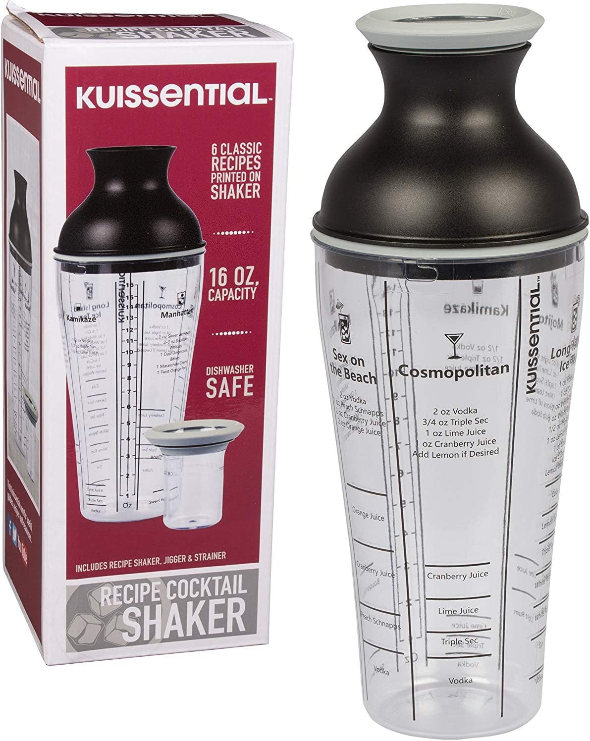 Kuissential Recipe Cocktail Shaker 16oz with Jigger, Strainer 6 Printed Mixed Drink Recipe Measurements on the Bottle
