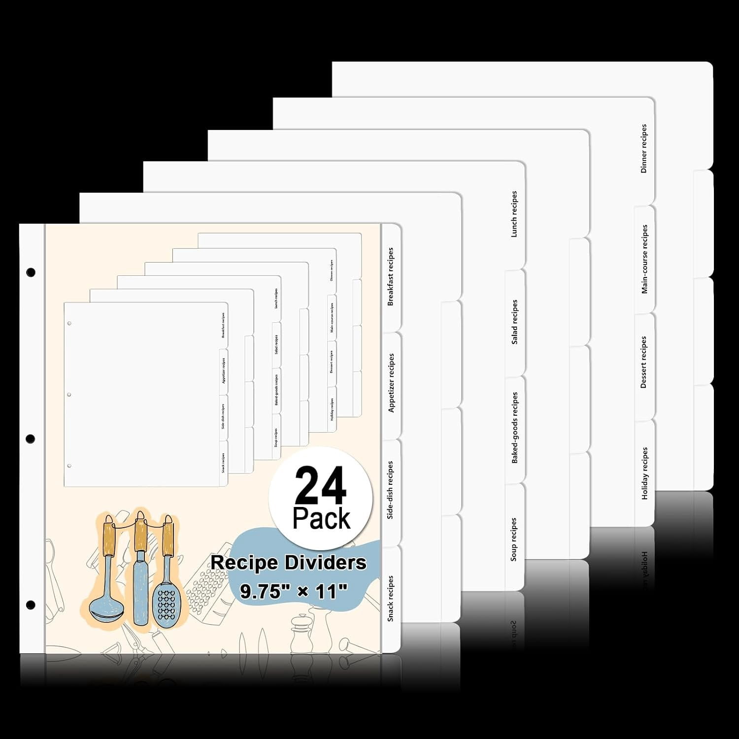 Recipe Dividers for 3 Ring Binder Set 9 3/4"x11" Black and Pre-Printed ...