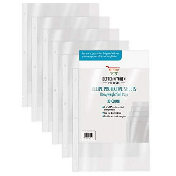 Recipe Sheet Protectors Full Page, 8.5 x 11 inch, 30 Pack, Heavyweight, Top Load, by Better Kitchen Products, Page Protector Binder Sheets, 3-Hole Punched, for Recipe Binders, 30 Pack