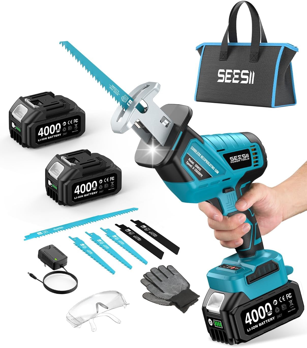 Reciprocating Saw Cordless, Variable Speed 3500 RPM Brushless Motor with 6 Saw Blades, 2 x 4.0Ah Batteries, LED Light, Tool‑Free Blade Change, Portable for Wood PVC Cutting