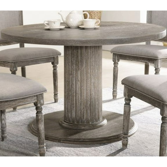 Reclaimed Gray Dining Table By , Classic Round Design For Cosy Eating With Loved Ones, 2-inch Thick Wood Construction, Solid Rubberwood Oak Veneer Composite, Stylish Fluted Pedestal, Refined Finish,