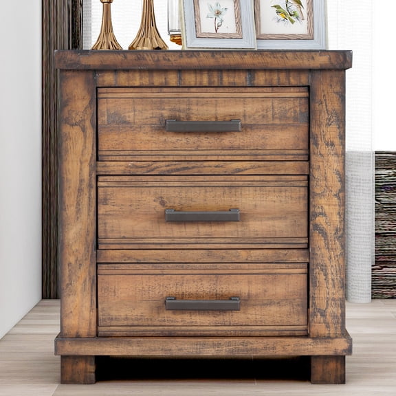 Reclaimed Solid Wood Three Drawer Nightstand, Farmhouse Rustic Bedside Table with 66lb Full Extension Drawers, Heavy Duty 250lb Capacity Stand for Bedroom Cabin Lodge