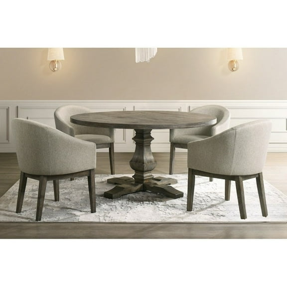 Reclaimed Weathered Gray Wood 5-Piece Round Dining Set, 59" Pedestal Dining Table and Upholstered Dining Chairs