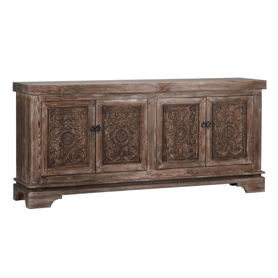 Reclaimed Wood 4 Door Sideboard with Hand Carved Floral Pattern, Brown