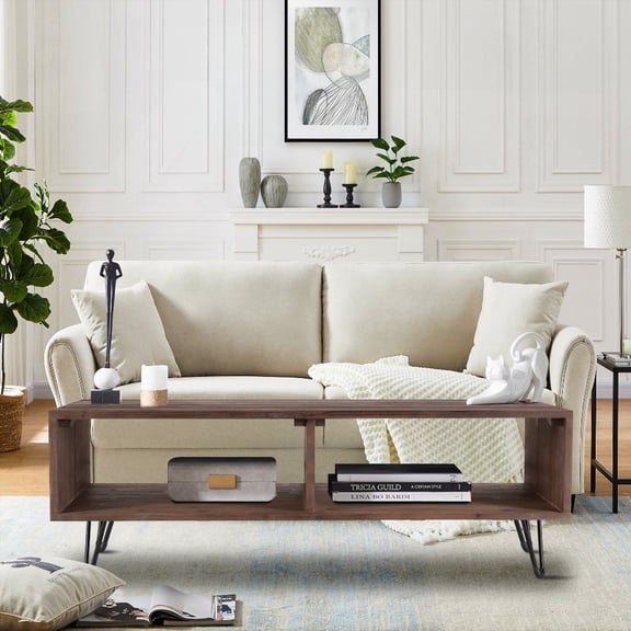 Reclaimed Wood Cocktail Table with Open Storage and Metal Legs, Foldable, Black/Natural Finish for Living Room