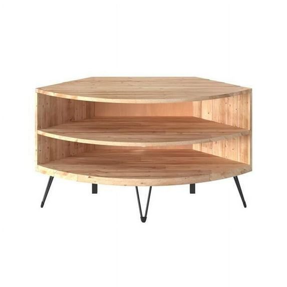 Reclaimed Wood Corner Media Stand with 2 Shelves, Natural Brown and Black- Saltoro Sherpi