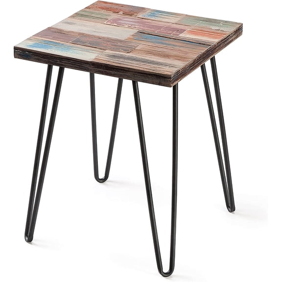 Reclaimed Wood End Table with Hairpin Table Legs, Side Tables for Living Room, 16" x 16" x 20" Heigh, Brick Square