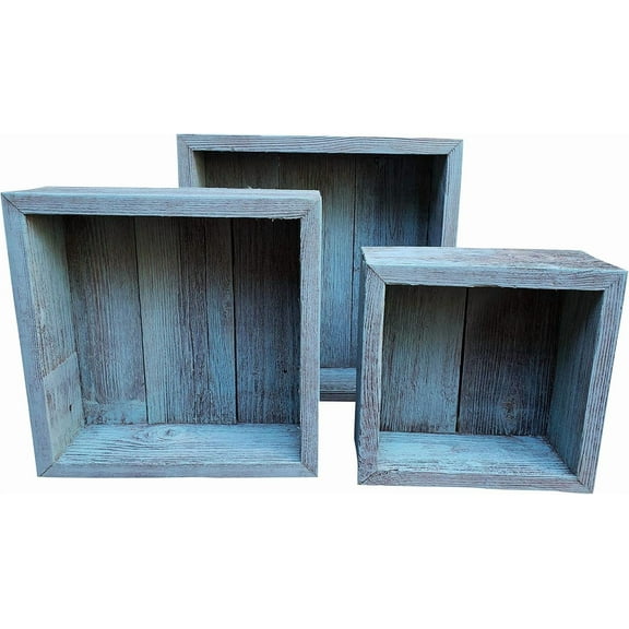 Reclaimed Wood Shadow Box with Wood Backing - Rustic Farmhouse Barnwood Style - Floating Shelves - Set of 3 (Turquoise, Square)