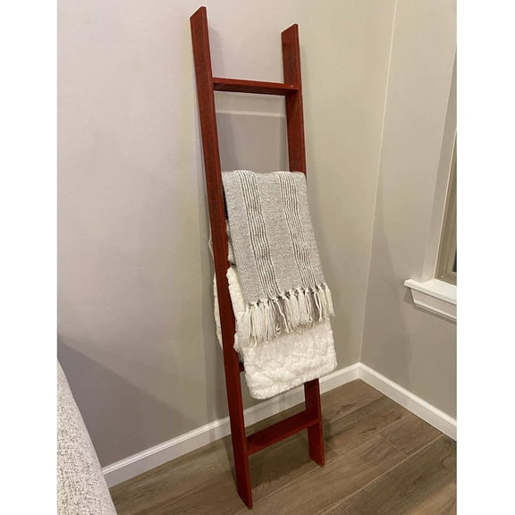 Reclaimed Wood Throw Blanket Ladder  5-Foot Freestanding Decorative Rack for Towels, Quilts & More  Red