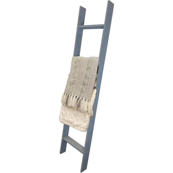 Reclaimed Wood Throw Blanket Ladder  5-Foot Freestanding Decorative Towel & Quilt Rack  Slate Blue