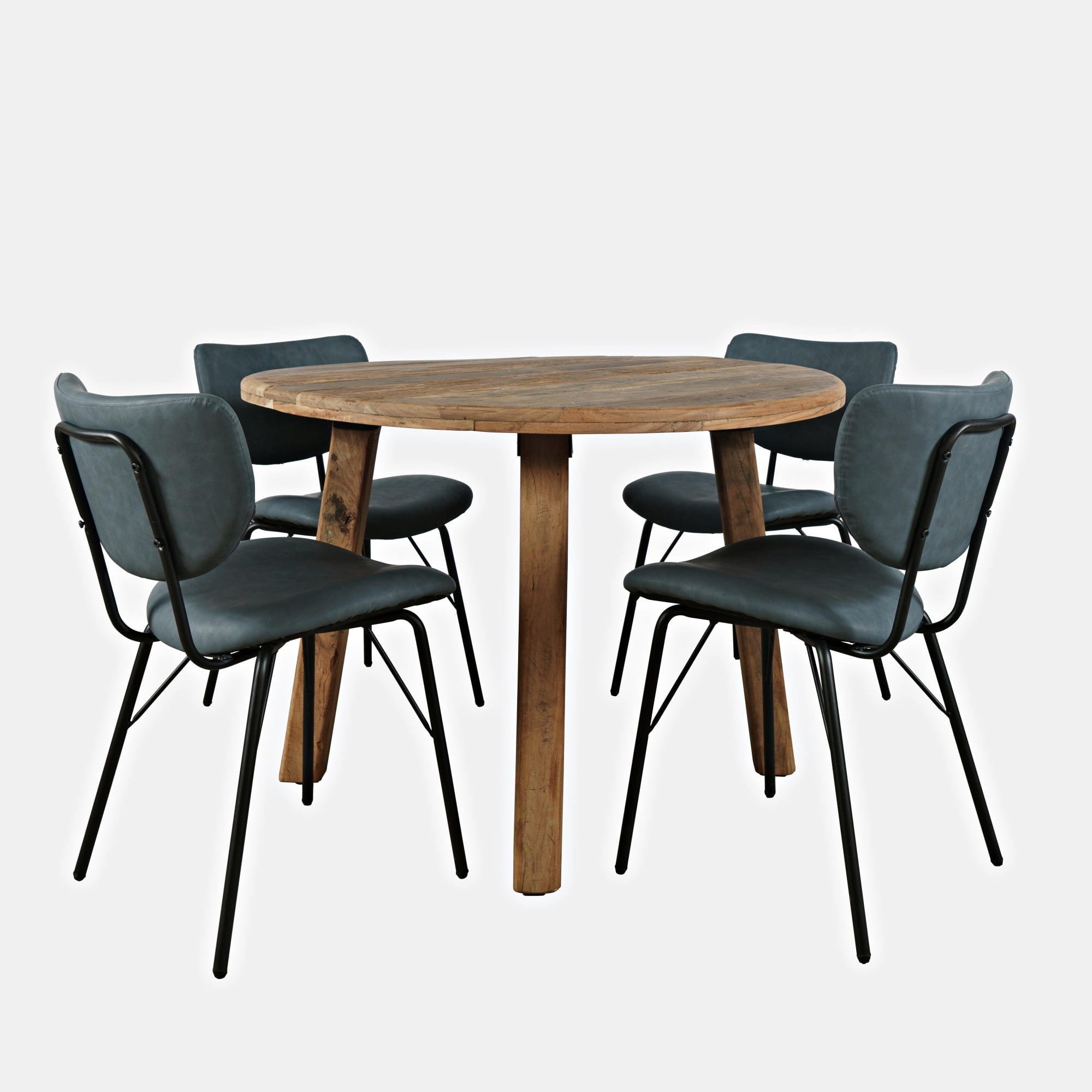 Rustic Reclaimed Wood Round Dining Set with Blue Upholstered Chairs