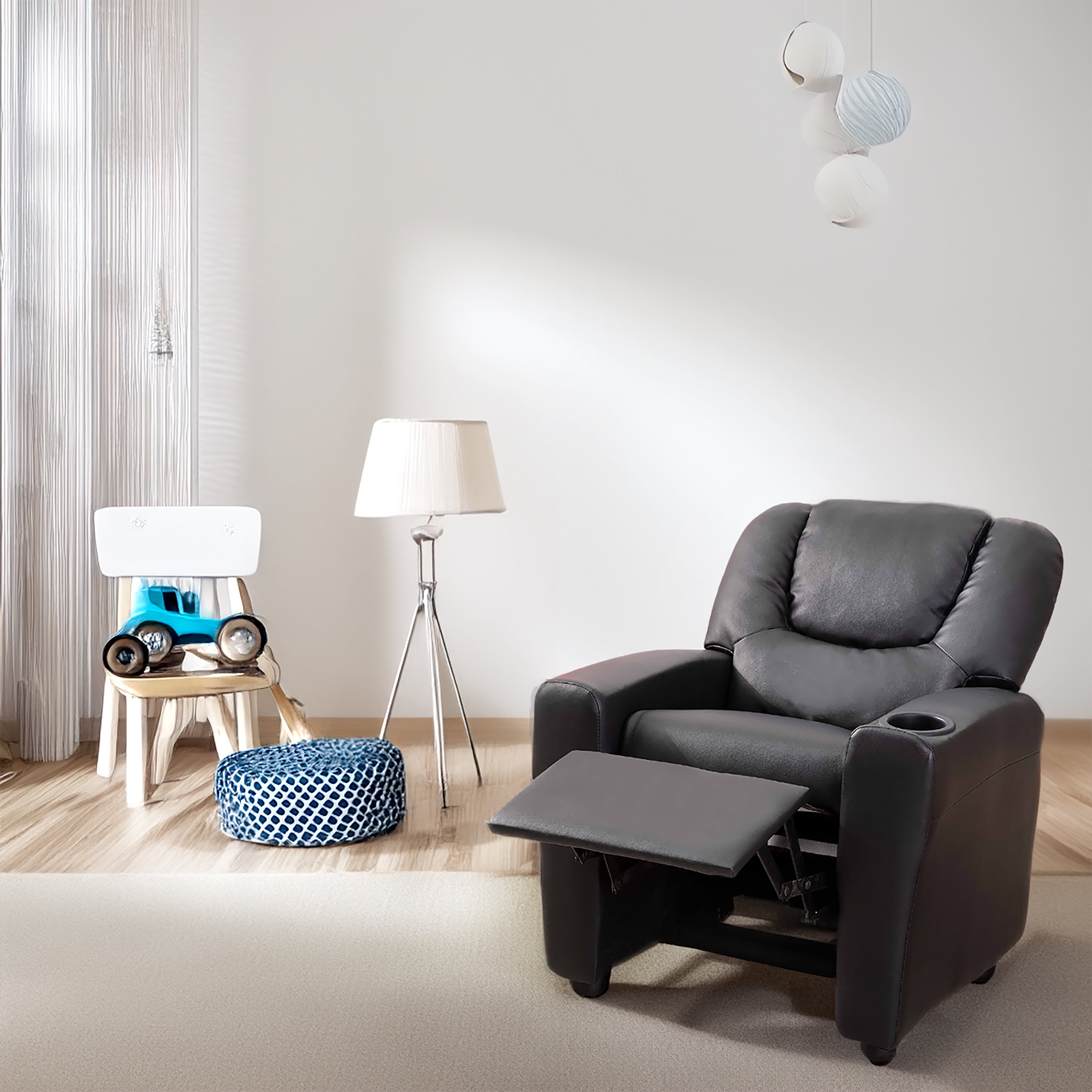 Suri Push Back Recliner for Children Naomi Home Kids Recliner Chair with Footrest Cup Holder Microfiber Black Walmart