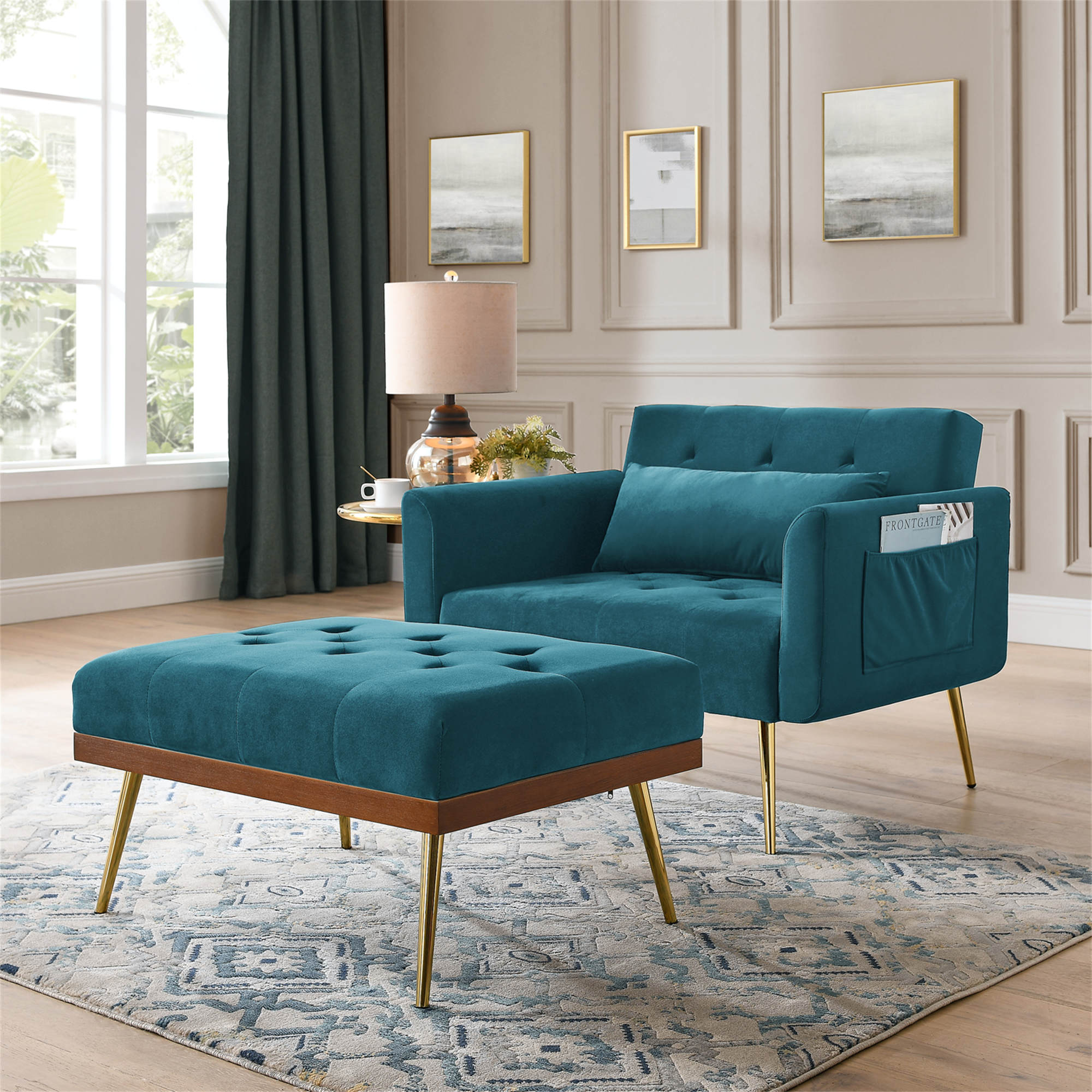 Recline Sofa Chair with Ottoman, Comfort Living Room Armchair with  Adjustable Backrest, Two Side Pockets and Wood Frame Include 1 Pillow,  Velvet Lounge Chaise for Bedroom, Home, Office Use, Teal Blue 