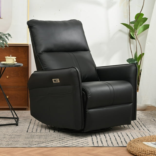 Recliner Chair, 270° Power Swivel Rocker Recliner Chair with USB Ports, Extra Large Footrest, Side Pocket, Electric Glider Reclining Sofa for Living Room Bedroom, Black
