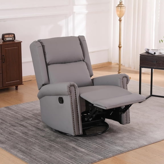 Recliner Chair, 360 Swivel Rocker Chair, PU Leather 90-150 Degrees Recliner Padded Armchair, Glider Recliner Chair with Adjustable Backrest and Footrest for Home and Office
