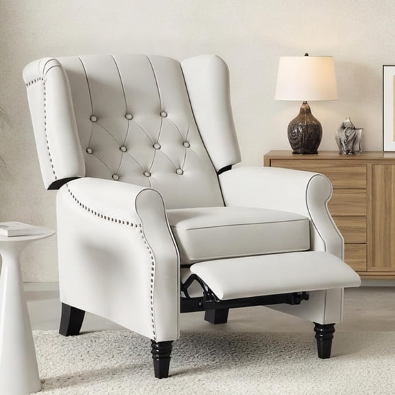 Recliner Chair for Adults, Mid Century Wingback Pushback Accent Chair with Rivet Decoration, Tufted Upholstered Single Sofa Armchair for Living Room, Bedroom, Study (Fabric, Beige)