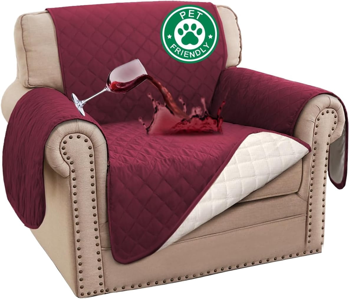 Recliner Chair Covers, 100% Waterproof Sofa Covers Chair Cover Slipcover Couch Protector Triple Non-Slip Sofa Slipcover for 1 Cushion Furniture Protector for Pets, Kids, Dog (23", Burgundy)