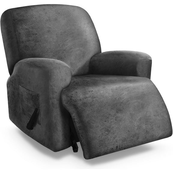 Recliner Chair Covers Large Size Oversized - 4 Pieces Leather Like Extra Large Recliner Chair Covers Stretch Recliner Slipcover for Lazy Boy Wide Recliner Chair Washable (Light Grey)