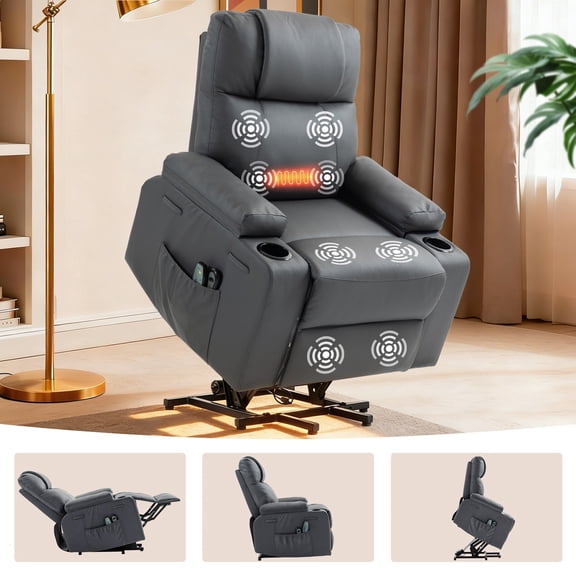 Electric Power Lift Recliner Chair for Elderly with Heat & Massage,160° Adjustable PU Leather Recliner with Remote Control, Stand Assist, Cup Holders & Side Pockets for Living Room Bedroom (Gray)