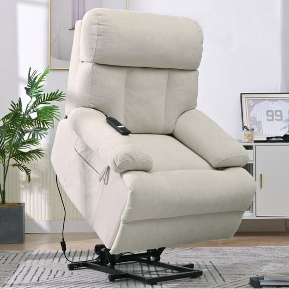 Recliner Chair for Elderly, Heavy Duty 350lbs Classic Plush Velvet Sofa Chair, Ergonomic Lounge Single Sofa with 3 Positions Lift, Plush Arms and Remote Control, Storage Pockets, Beige