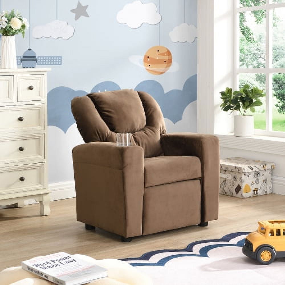 Recliner Chair, Kids Upholstered Couch with Two Cup Holder, Footrest, Backrest, Toddlers Velvet