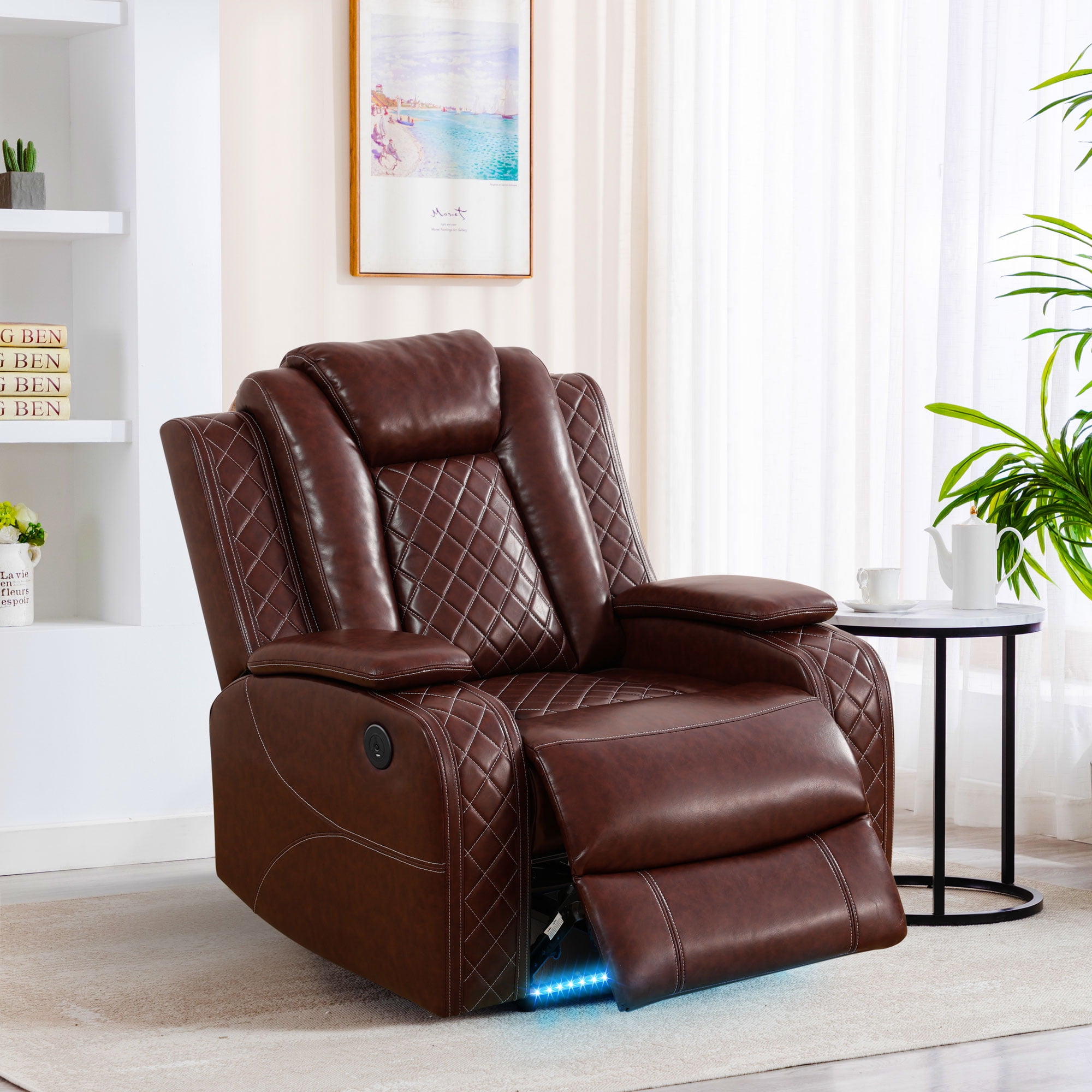 Recliner Chair, Living Room Furniture Power Leather 3 Seater Reclining Sofa with LED Lights/Storage Console/Cup Holders (Brown)