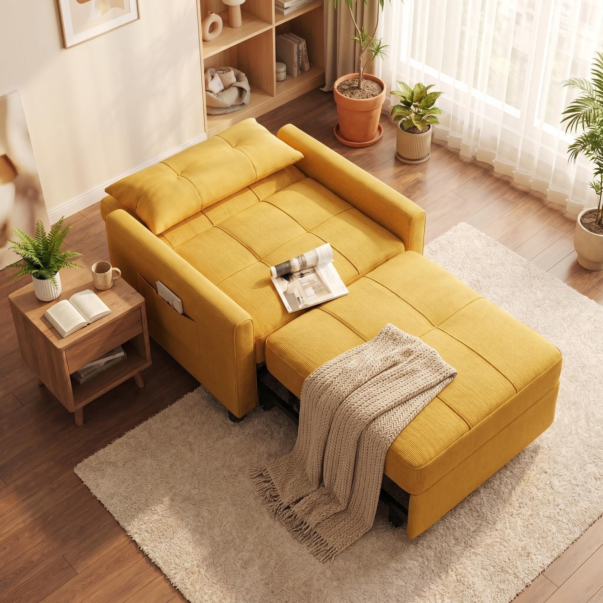 Sleeper Sofa, Lofka 3 in 1 Convertible Single Sofa Bed with Adjustable Backrest for Living Room, Bedroom, Yellow