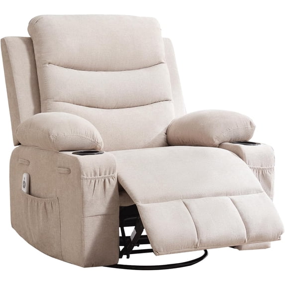 Recliner Chair with Massage and Heat, 360° Swivel Oversized Recliner Single Sofa Seat, Adult Rocking Chair Reclining Sofa with Cup Holder and Pockets for Living Room