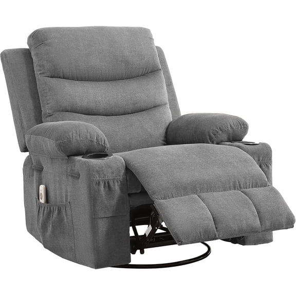 Recliner Chair with Massage and Heat, 360° Swivel Oversized Recliner Single Sofa Seat, Adult Rocking Chair Reclining Sofa with Cup Holder and Pockets for Living Room