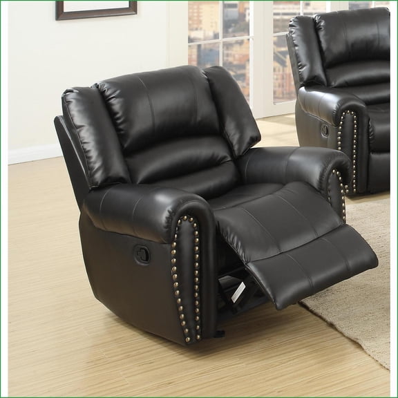 Recliners Modern Manual Motion Glider Chair, Black Bonded Leather with Nailhead Trim | Living Room Furniture