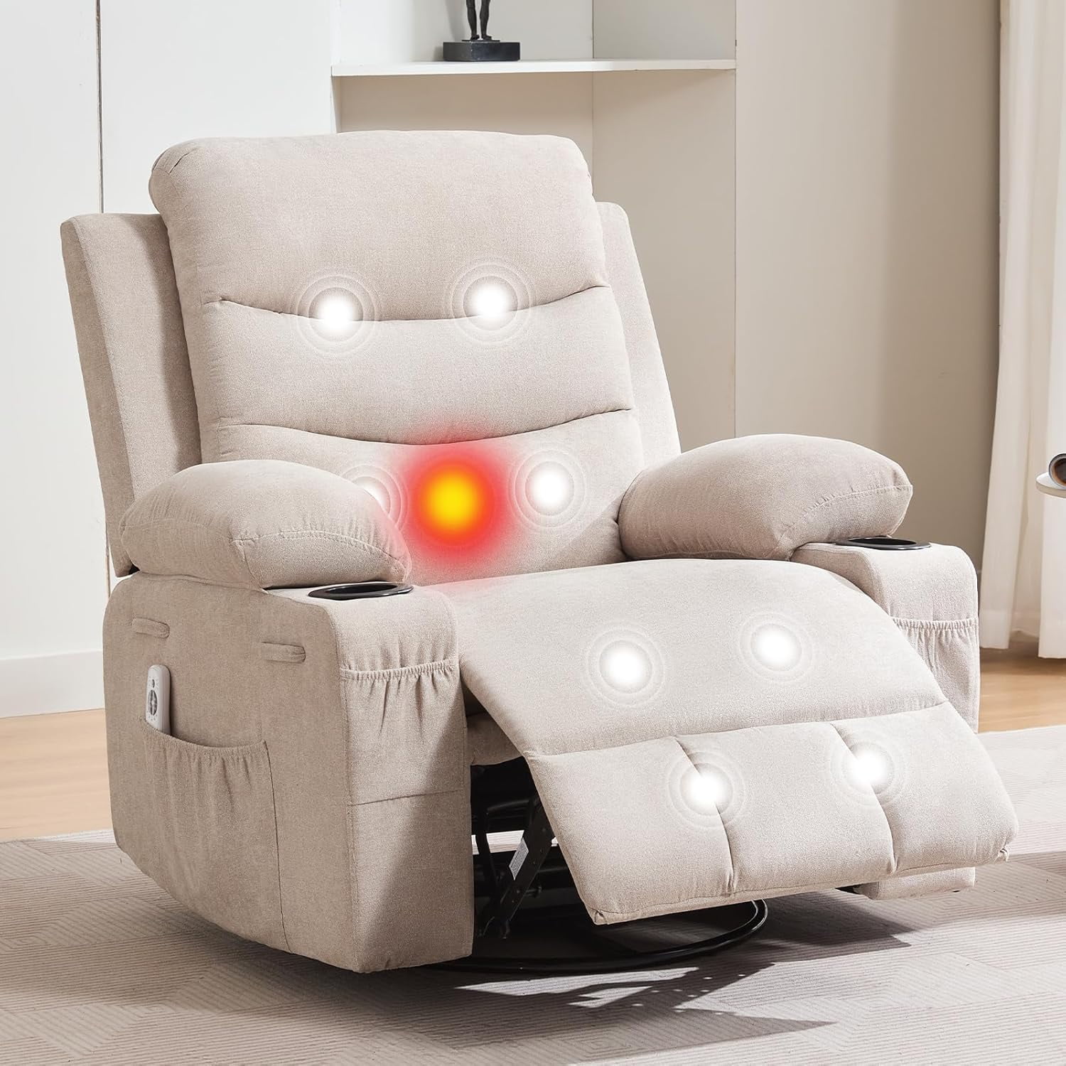 Recliner Chair Nursery, Oversized Manual Reclining Rocking Chair, 360 Swivel Glider with Cup Holder, Massage and Heat Recliner, Indoor Small Single Sofa Chairs for Adults, RV, Bedroom（ Linen ，Beige）
