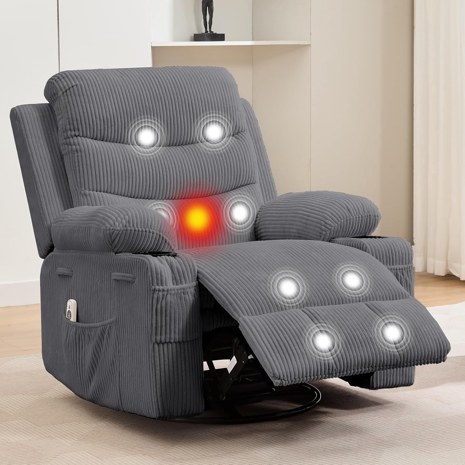 Recliner Chair Nursery, Oversized Manual Reclining Rocking Chair, Corduroy 360 Swivel Glider with Cup Holder, Massage and Heat Recliner, Small Sofa Chairs for Adults, Living Room,（Corduroy，Gray）