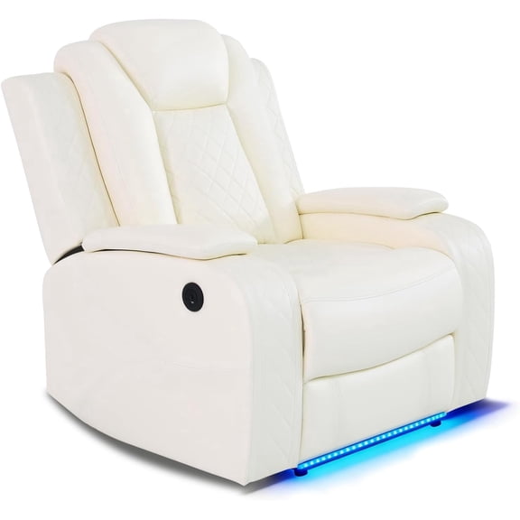 Recliner Chair, Power Reclining Leather Single Sofa for Movie & Gaming, RV Home Theater Seating with LED Lights & USB Ports, White