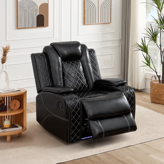 Recliner Chair, Power Reclining Single Sofa w/ LED Lights, USB Ports & Flip-Down Console, Breathing Leather Home Theater Seating for Living Room or RV, Black