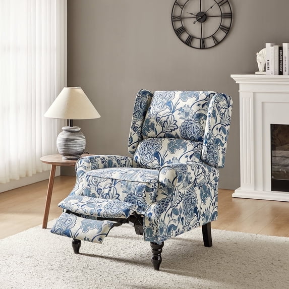 Tina's Home Vintage Floral Wingback Manual Push Back Recliner Chair for Living Room Home Theater GREENGUARD Certified Blue