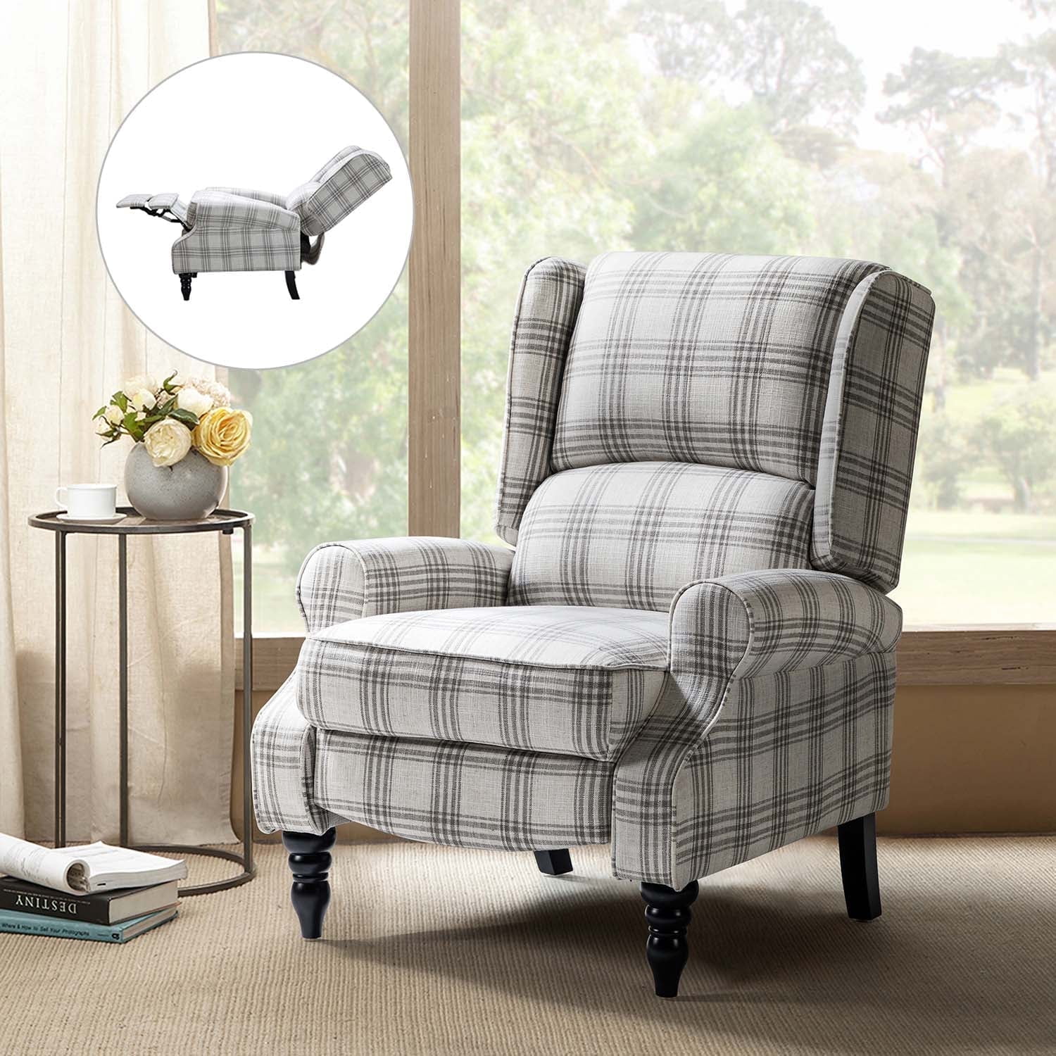 Plaid Gray Wingback Recliner with Manufactured Wood Frame