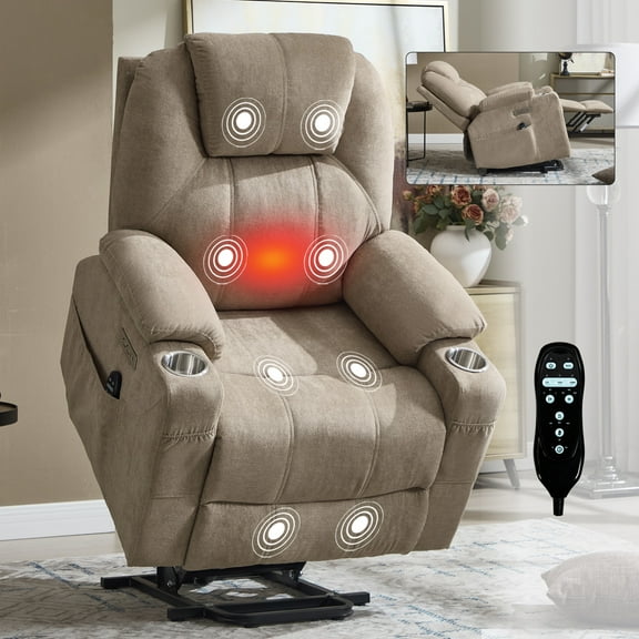 Chenille Power Lift Recliner Chair for Seniors, Heavy Duty 350 lbs Capacity with 8-Point Massage & Lumbar Heat, USB Type-A/C Ports, Stainless Steel Cup Holders, Living Room Comfort