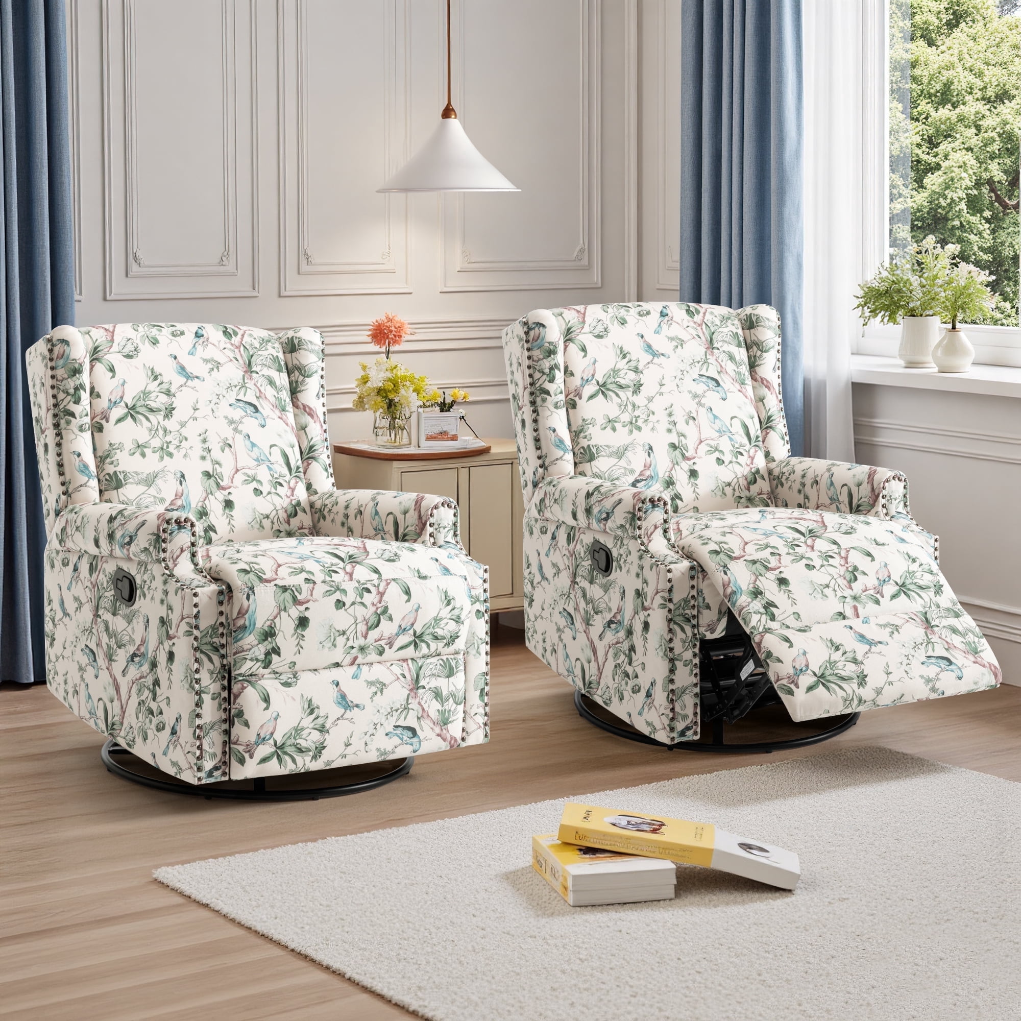 Recliner Chair Set of 2 Swivel Glider Rocker Nursery Chair for Adults, High Back Upholstered Rocking Armchair for Living Room, Manual Reclining Sofa Lounge Chair with Deep Seat in Fabric - Bird