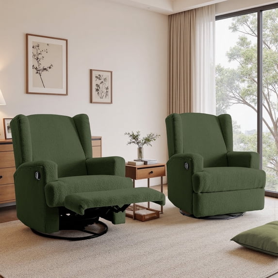 Recliner Chair Set of 2 Swivel Glider Rocker Nursery Chair for Adults, High Back Upholstered Rocking Armchair for Living Room, Manual Reclining Sofa Lounge Chair with Deep Seat in Teddy - Green