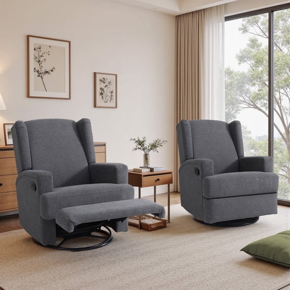Recliner Chair Set of 2 Swivel Glider Rocker Nursery Chair for Adults, High Back Upholstered Rocking Armchair for Living Room, Manual Reclining Sofa Lounge Chair with Deep Seat in Fabric - Gray