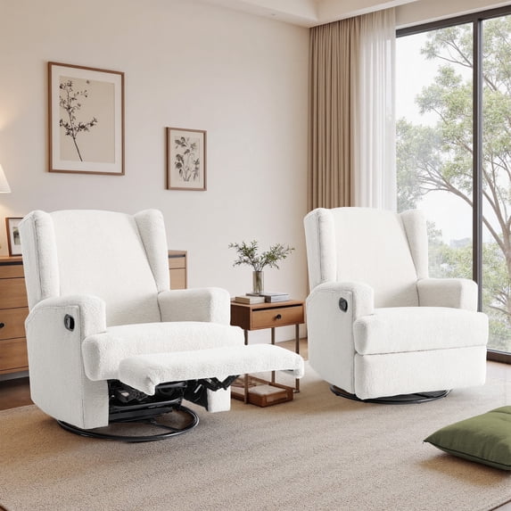 Recliner Chair Set of 2 Swivel Glider Rocker Nursery Chair for Adults, High Back Upholstered Rocking Armchair for Living Room, Manual Reclining Sofa Lounge Chair with Deep Seat in Teddy - Beige