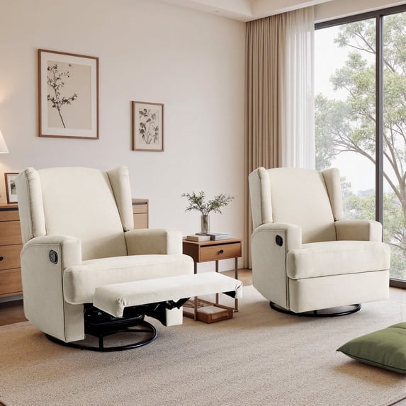Recliner Chair Set of 2 Swivel Glider Rocker Nursery Chair for Adults, High Back Upholstered Rocking Armchair for Living Room, Manual Reclining Sofa Lounge Chair with Deep Seat in Fabric - Beach